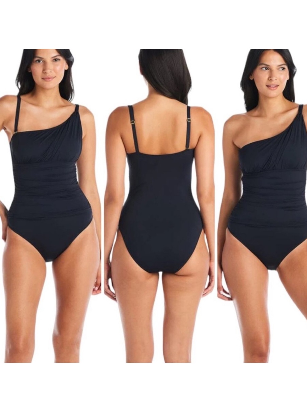 Bleu Rod Beattie Let’s Get Twisted Black One-Shoulder Ruched Swimsuit, size 10